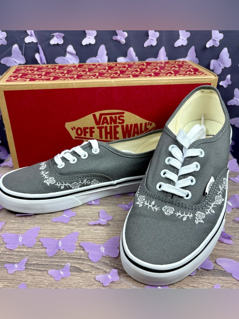 Vans Gray Canvas Low-Top Sneakers with White Floral Embroidery